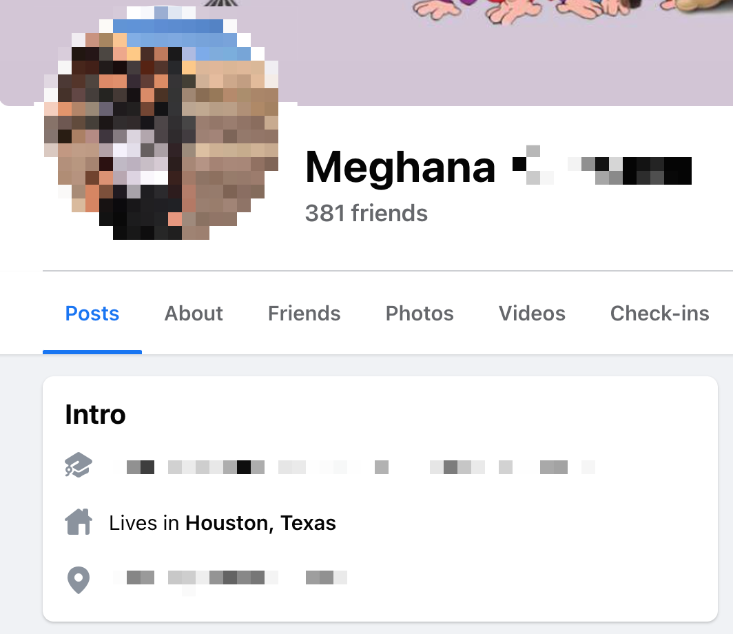Meghana's Facebook profile